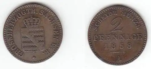 2 Pfennige Kupfer Münze Sachsen Weimar Eisenach 1858 A ss-