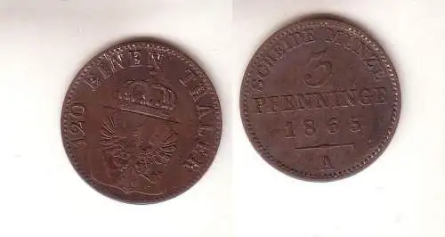 3 Pfennige Kupfer Münze Preussen 1865 A f. ss