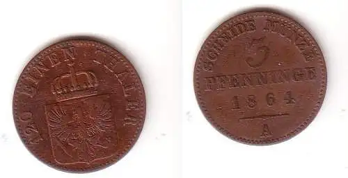 3 Pfennige Kupfer Münze Preussen 1864 A f. ss