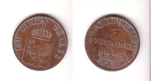 3 Pfennige Kupfer Münze Preussen 1865 A