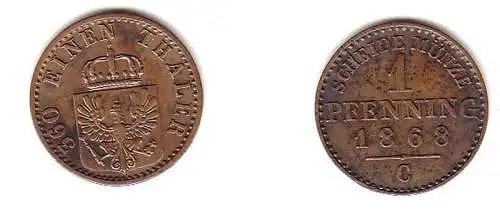 1 Pfennig Kupfer Münze Preussen 1868 C ss+