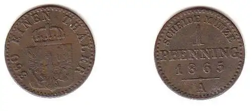 1 Pfennig Kupfer Münze Preussen 1865 A f. ss