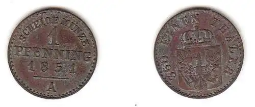 1 Pfennig Kupfer Münze Preussen 1851 A ss