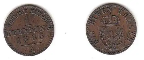 1 Pfennig Kupfer Münze Preussen 1863 A sehr schön