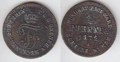 1 Pfennig Kupfer Münze Mecklenburg Schwerin 1872 B s/ ss