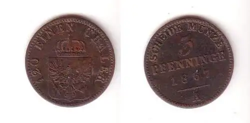 3 Pfennige Kupfer Münze Preussen 1867 A f. ss