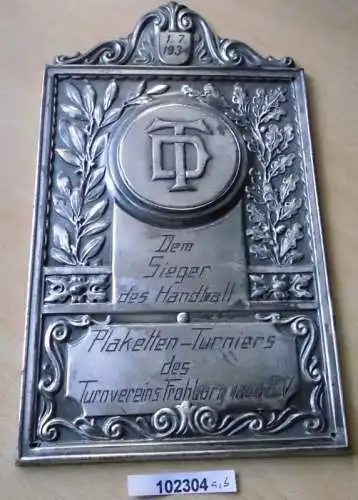 große dekorative Plakette Sieger des Handball Turnier Frohburg 1.7.1934