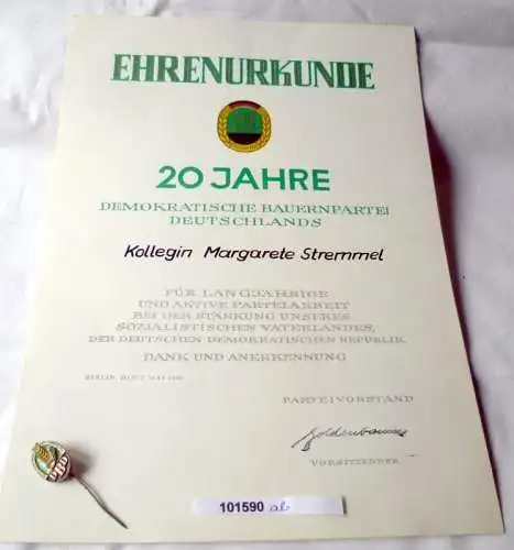 DDR Ehrenurkunde 20 Jahre Deutesche Bauernpartei DBD 1968