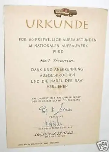 DDR Abzeichen NAW 7 Jahrplan 1962 plus Urkunde