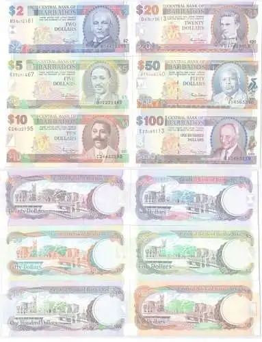 2 bis 100 Dollar Banknoten Barbados (2000) Pick 60-65 UNC (115848)