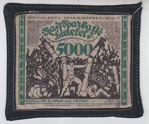 rare Stoff Banknote 5000 Mark Bielefeld 1922 grün mit schwarzer Borde bankfrisch