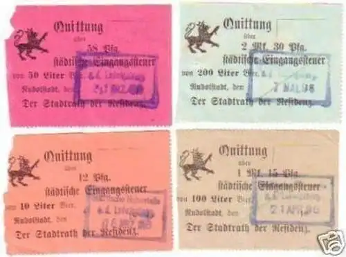 4 rare Quittungen städtische Biersteuer Rudolstadt 1896