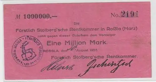 1 Million Mark Banknote Inflation Fürstl. Stolbergsche Rentkammer in Roßla 1923