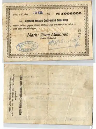 2 Millionen Mark Banknote Inflation ADCA Greiz 24.08.1923 (123621)