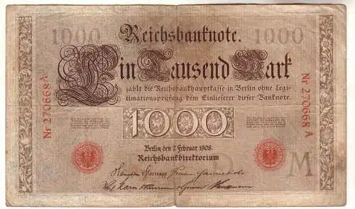 seltene 1000 Mark Reichsbanknote 7. Februar 1908 Rosenberg Katalognummer 36