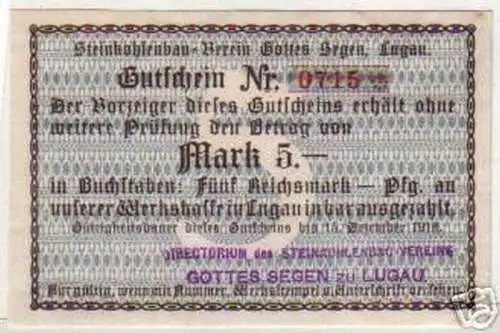 5 Mark Banknote Notgeld Steinkohlenbau Verein Lugau