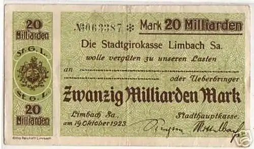 Banknote Inflation 20 Milliarden Mark Limbach Sa. 1923