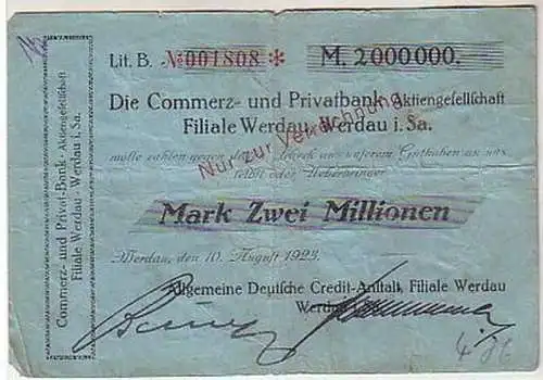 seltene Banknote Inflation 2 Millionen Mark 1923 Werdau