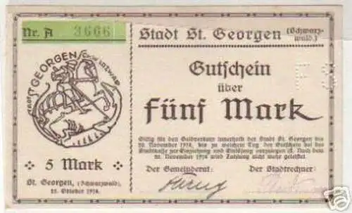 5 Mark Banknote Notgeld Stadt St.Georgen Schwarzwald