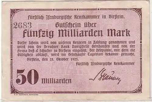 Banknote Inflation 50 Milliarden Mark Birstein 1923