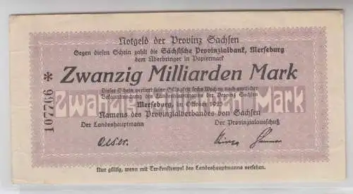 20 Milliarden Mark Banknote Inflation sächsische Provinzialbank Merseburg 1923