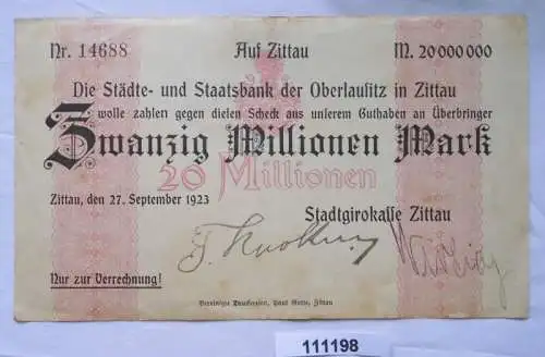 20 Millionen Mark Banknote Inflation Stadtgirokasse Zittau 27.9.1923 (111198)