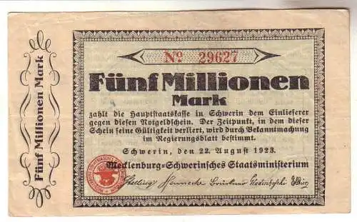 5 Millionen Mark Inflations Banknote Mecklenburg Schwerin 22. August 1923