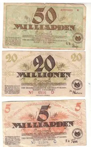 3 Banknoten Inflation 5, 20, 50 Millionen Mark Amtshauptmannschaft Annaberg 1923