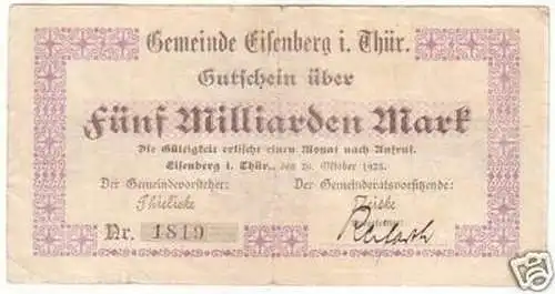 Banknote Inflation 5 Mrd. Mark Eisenberg 26.10.1923