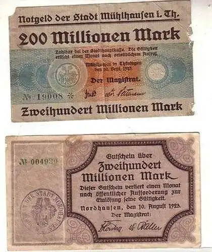 2 Banknoten Notgeld Inflation Mühlhausen und Nordhausen 1923