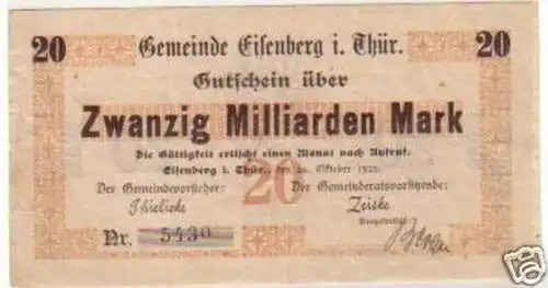 Banknote Inflation 20 Mrd. Mark Eisenberg 26.10.1923