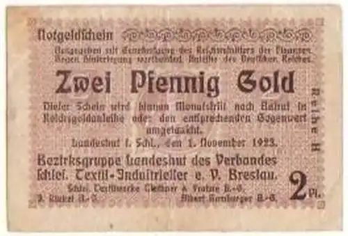 Banknote 2 Pfennig Gold Landeshut in Schlesien 1923