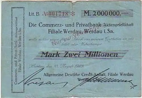 seltene Banknote Inflation 2 Millionen Mark 1923 Werdau