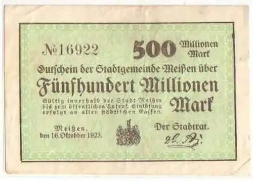 Banknote Inflation 500 Millionen Mark Meißen 16.10.1923