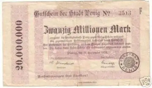 seltene Banknote Inflation 20Millionen Mark Stadt Penig