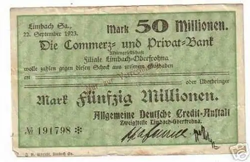 seltene Banknote 50 Millionen Mark Limbach in Sa. 1923