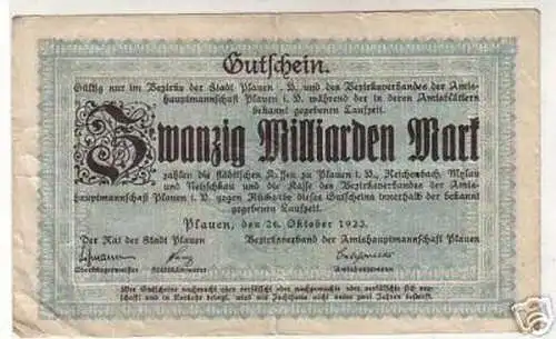 Banknote Inflation Stadt Plauen 20 Milliarden Mark 1923