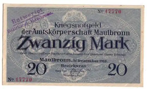 20 Mark Banknote Großnotgeld Amtskörperschaft Maulbronn 31.12.1918