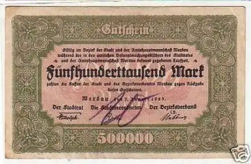 Banknote 500000 Mark Inflation Stadt Werdau 1923