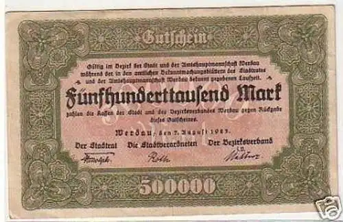 Banknote 500000 Mark Inflation Stadt Werdau 1923