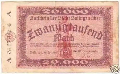 Banknote 20000 Mark Inflation Stadt Solingen 1923