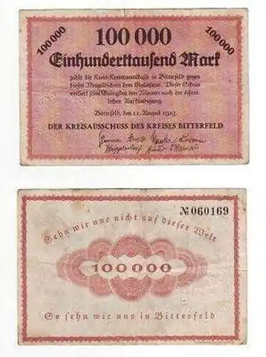 Banknote Inflation 100000 Mark Bitterfeld 1923