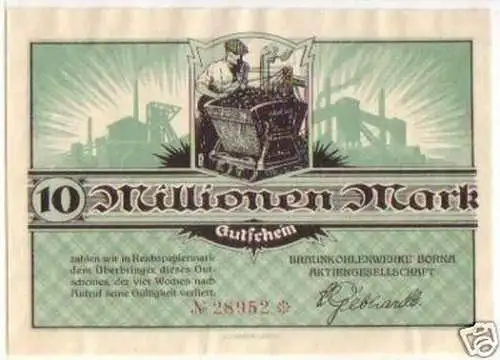 Banknote Inflation 10 Millionen Braunkohlenwerke Borna