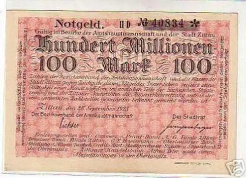 rare Banknote Inflation 100 Millionen Mark Zittau 1923