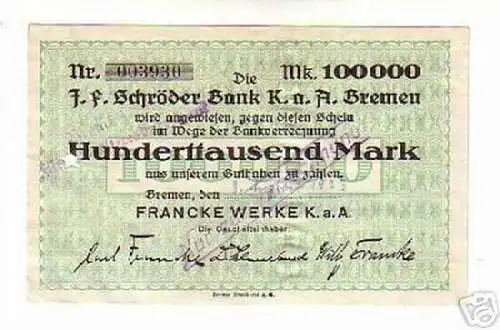 seltene Banknote Inflation 100000 Mark Francke Werke