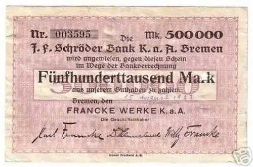 rare Banknote Inflation Franke Werke Bremen 1923