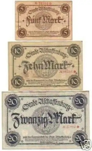 3 Banknoten Großnotgeld Stadt Aschaffenburg um 1918