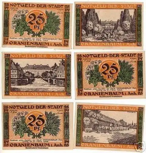 6 Banknoten Notgeld der Stadt Oranienbaum 1922