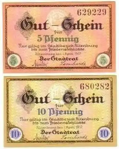 2 kassenfrische Banknoten Notgeld Stadt Altenburg 1917