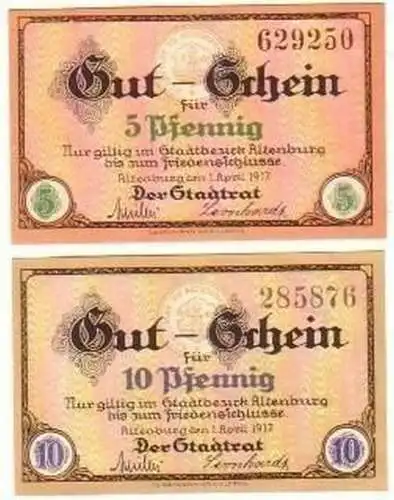 2 kassenfrische Banknoten Notgeld Stadt Altenburg 1917